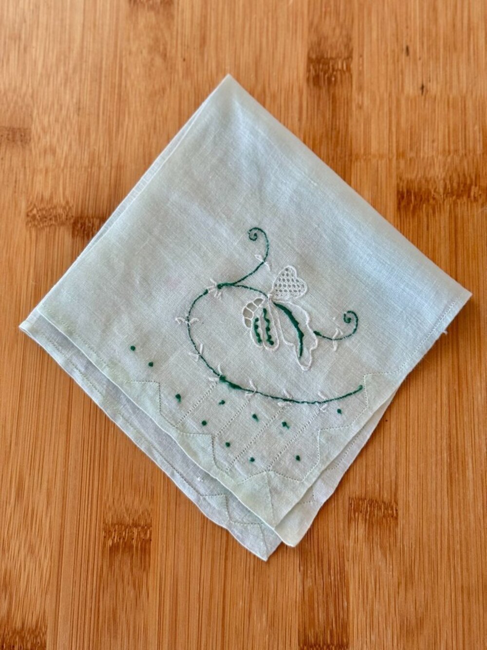 Vintage 1950s Cotton Handkerchief In Pale Mint Cotton With Floral Embroidery